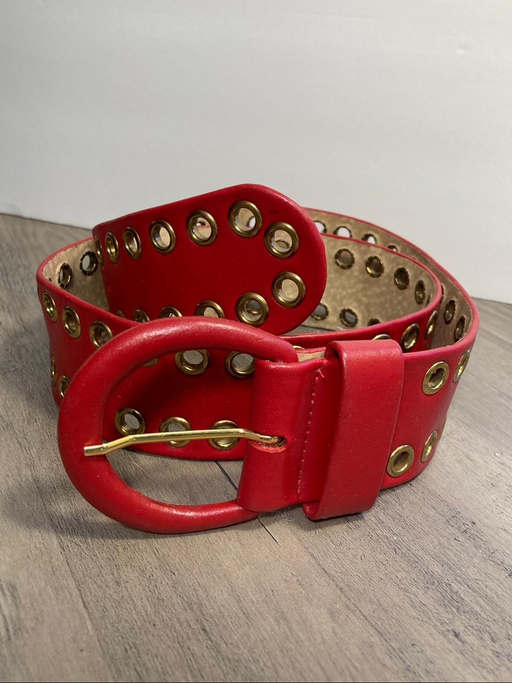 Vintage Anne Klein For Calderon Wide Red Leather And Grommet Belt Edgy Glam